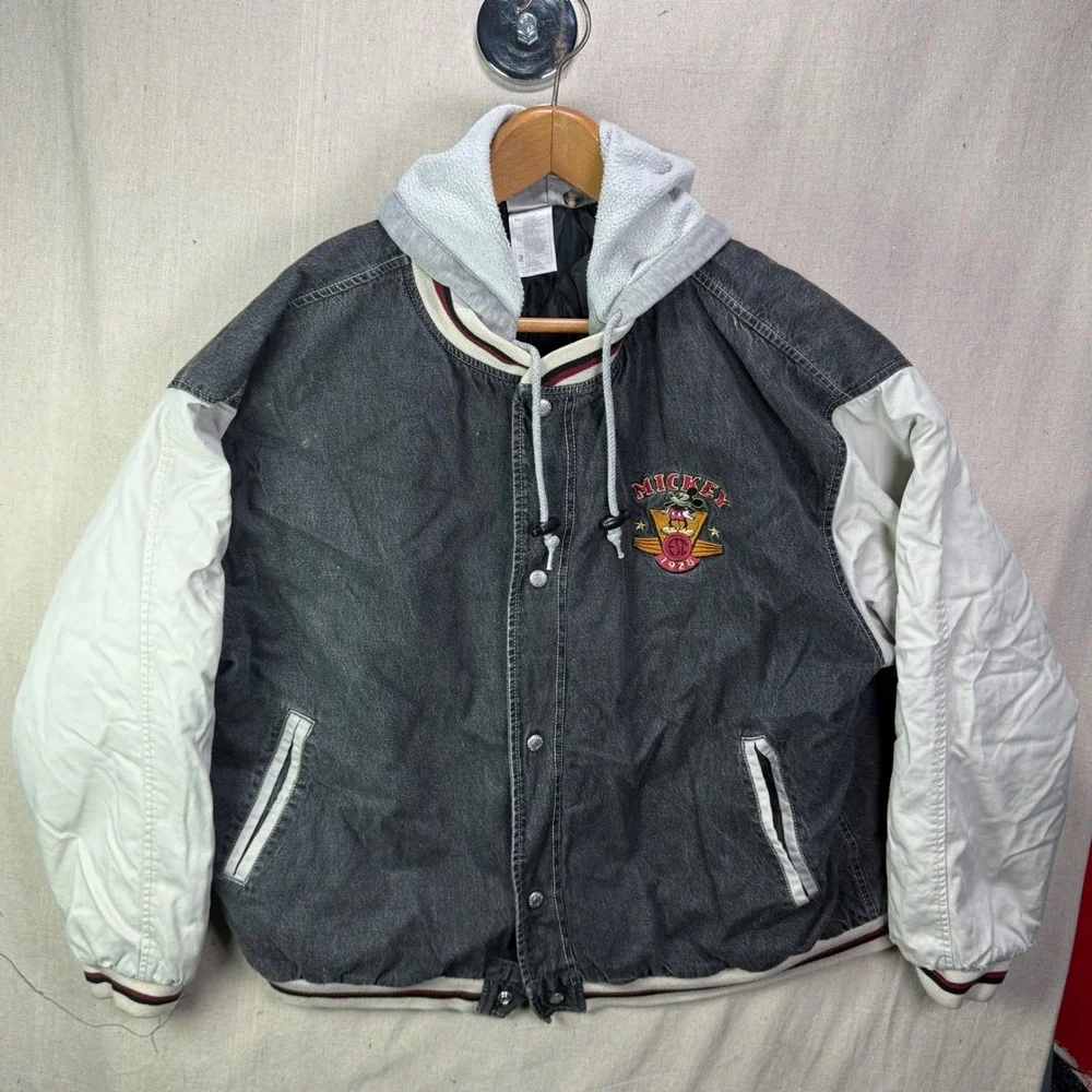 Vintage Disney Mickey Mouse Hooded Varsity Jacket Black Denim XL Bomber